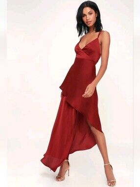 TJD × Lulu's Bora Bora Wine Red Satin High-Low Maxi Dress Womens S NWT